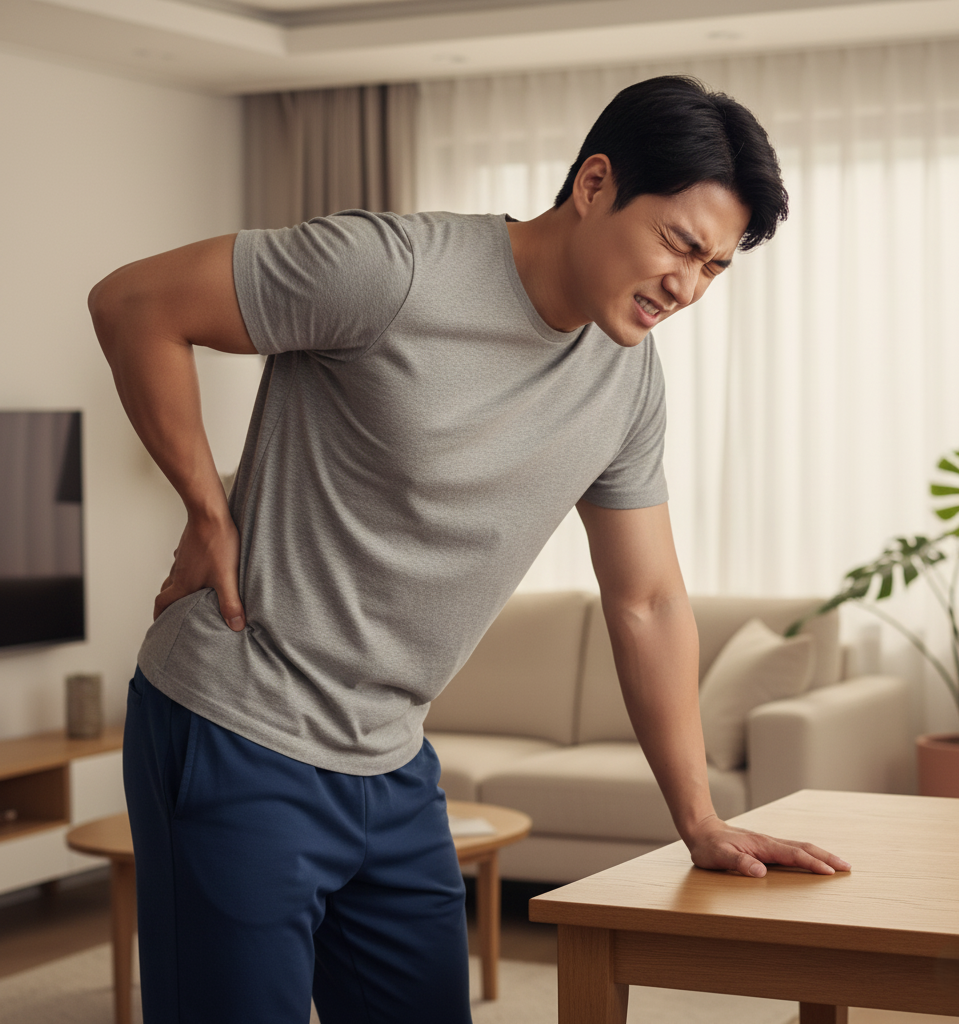 허리 통증으로 손으로 허리를 짚고 있는 남성