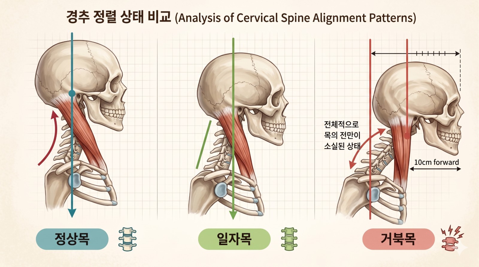 경추 정렬 상태 비교 — 정상목·일자목·거북목