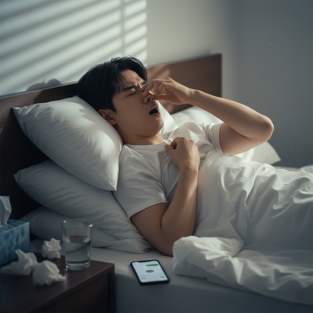 코막힘으로 잠 못 이루는 모습
